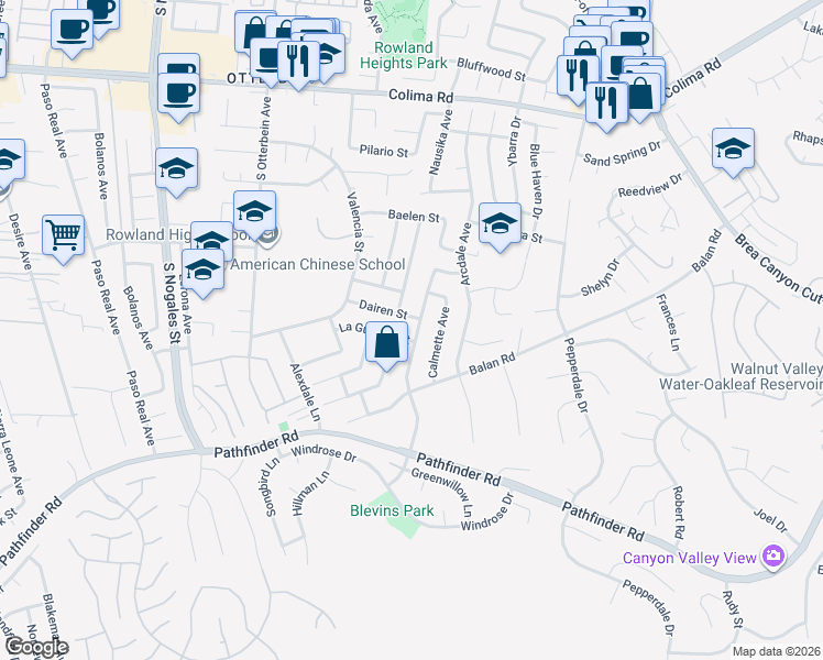 map of restaurants, bars, coffee shops, grocery stores, and more near 2141 Annadel Avenue in Rowland Heights