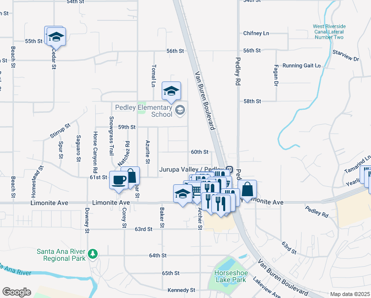 map of restaurants, bars, coffee shops, grocery stores, and more near 5985 Hudson Street in Riverside