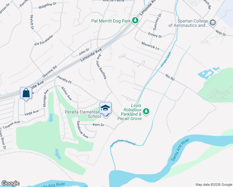 map of restaurants, bars, coffee shops, grocery stores, and more near 5940 Avenue Juan Bautista in Riverside