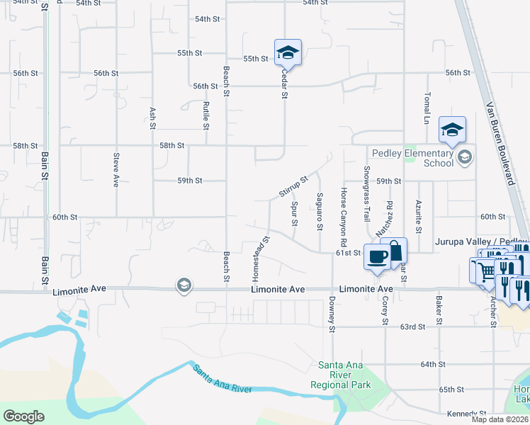 map of restaurants, bars, coffee shops, grocery stores, and more near 5999 Homestead Street in Riverside