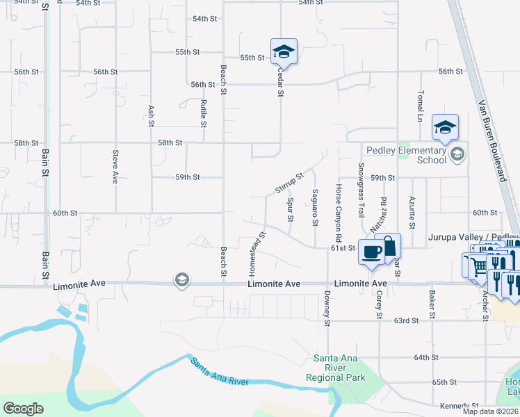 map of restaurants, bars, coffee shops, grocery stores, and more near 5999 Homestead Street in Riverside