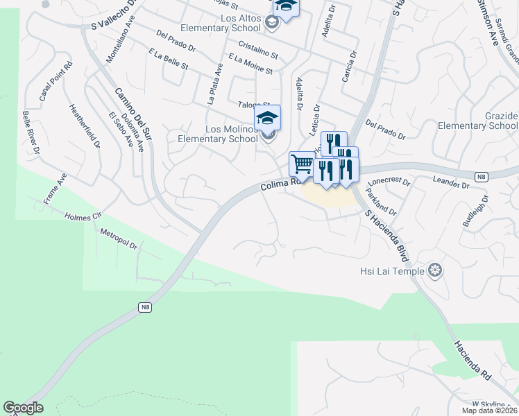 map of restaurants, bars, coffee shops, grocery stores, and more near 3339 South Viewfield Avenue in Hacienda Heights