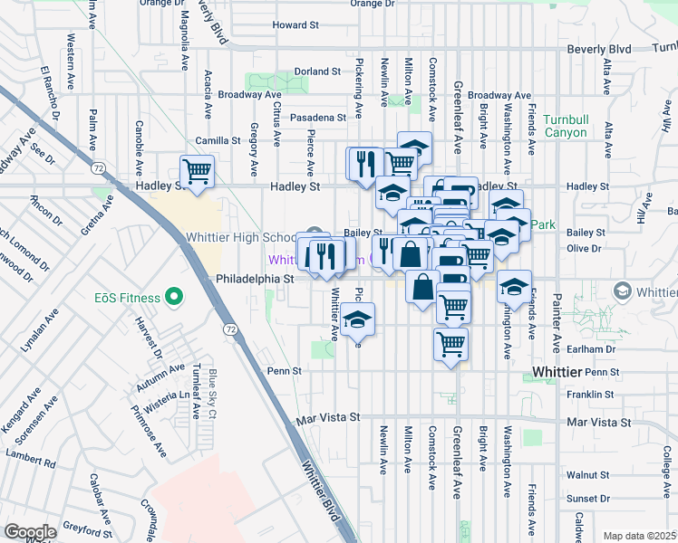 map of restaurants, bars, coffee shops, grocery stores, and more near in Whittier