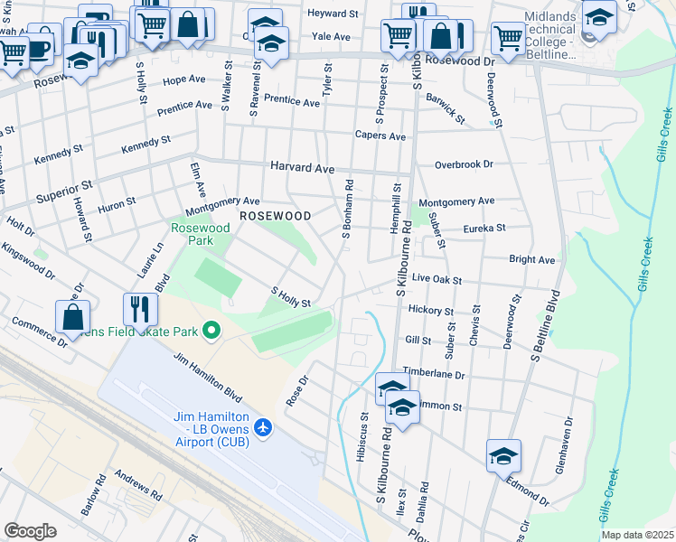 map of restaurants, bars, coffee shops, grocery stores, and more near 900 South Bonham Road in Columbia