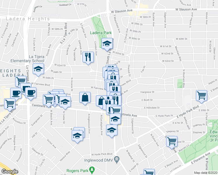 map of restaurants, bars, coffee shops, grocery stores, and more near 121 West Fairview Boulevard in Inglewood