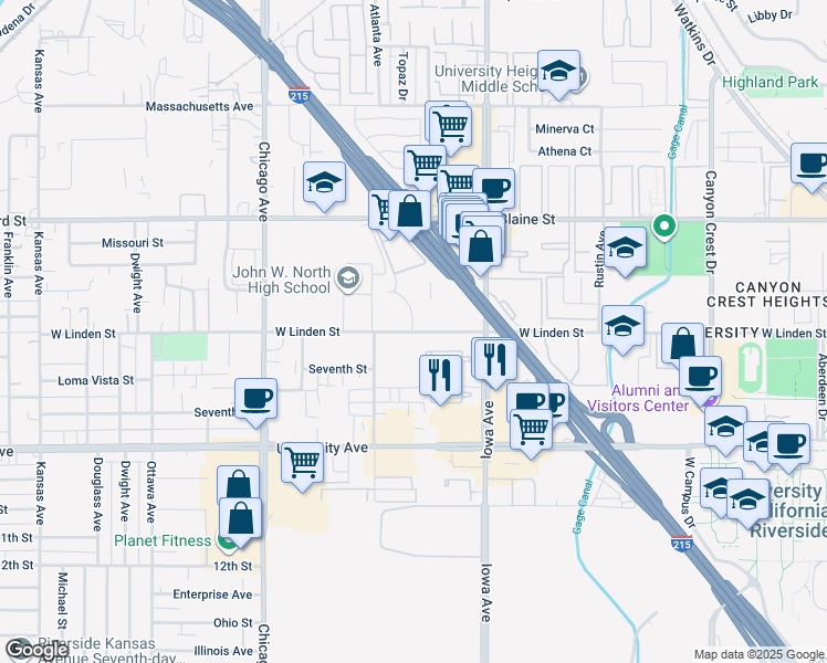 map of restaurants, bars, coffee shops, grocery stores, and more near 1473 West Linden Street in Riverside