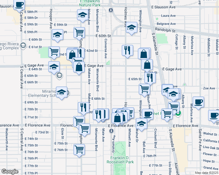 map of restaurants, bars, coffee shops, grocery stores, and more near 1664 East 66th Street in Los Angeles