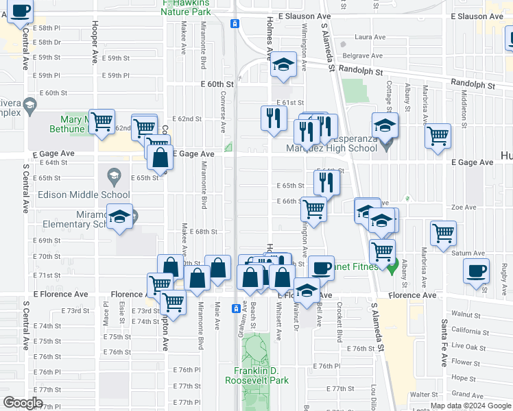 map of restaurants, bars, coffee shops, grocery stores, and more near 1738 East 66th Street in Los Angeles