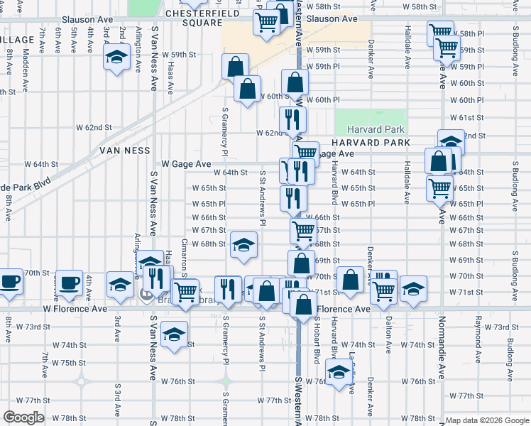 map of restaurants, bars, coffee shops, grocery stores, and more near 6568 South Saint Andrews Place in Los Angeles