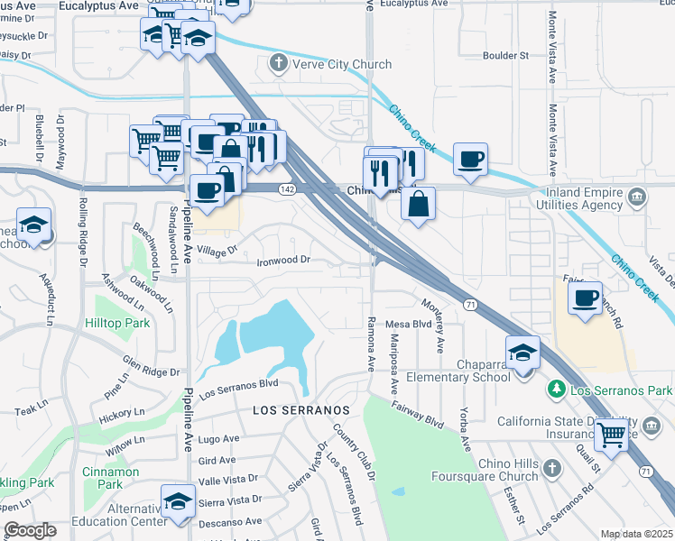 map of restaurants, bars, coffee shops, grocery stores, and more near 4431 Ironwood Drive in Chino Hills