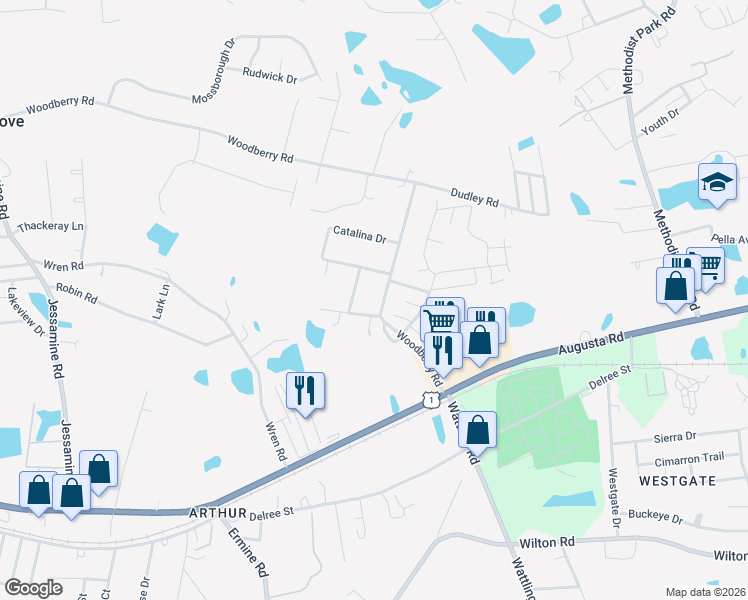 map of restaurants, bars, coffee shops, grocery stores, and more near 316 Woodberry Road in West Columbia