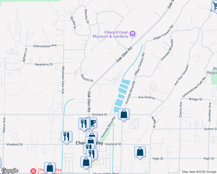 map of restaurants, bars, coffee shops, grocery stores, and more near 39407 Tokay Street in Cherry Valley