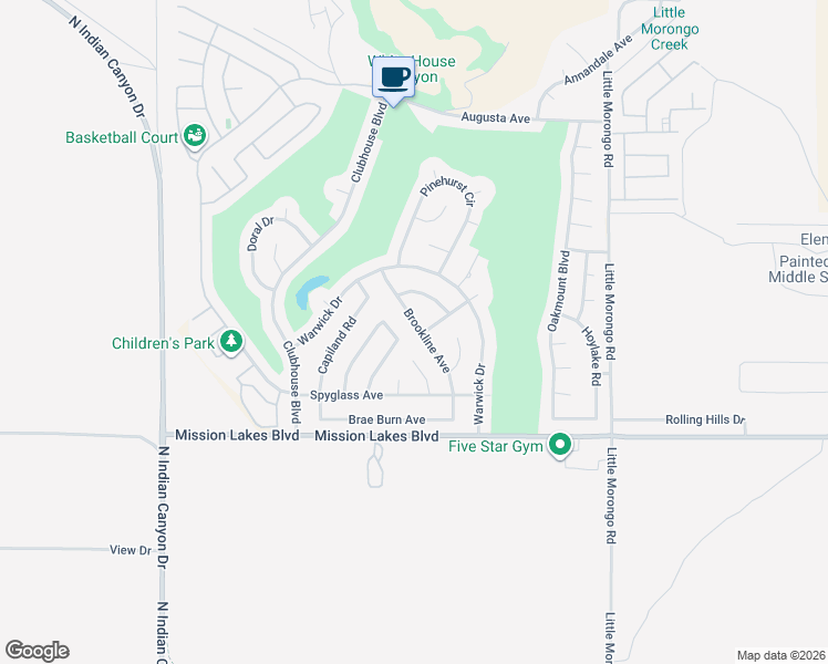 map of restaurants, bars, coffee shops, grocery stores, and more near 9571 Brookline Avenue in Desert Hot Springs