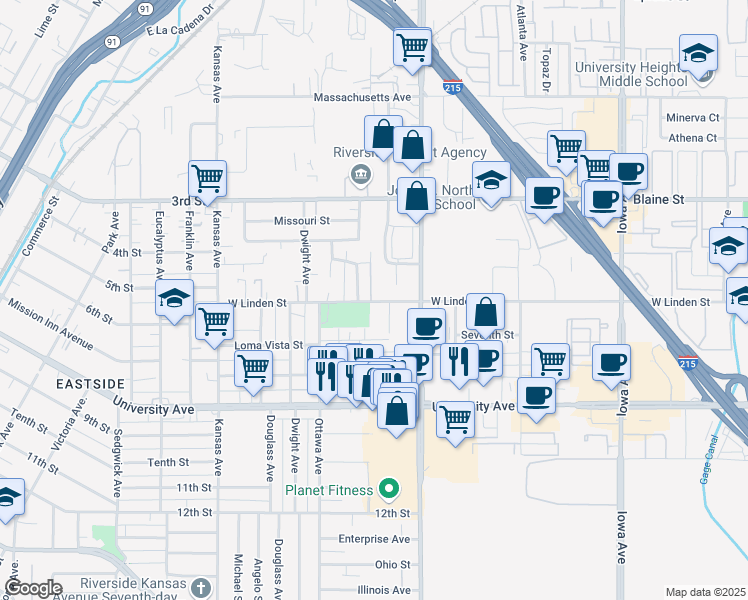 map of restaurants, bars, coffee shops, grocery stores, and more near 3486 Anderson Avenue in Riverside