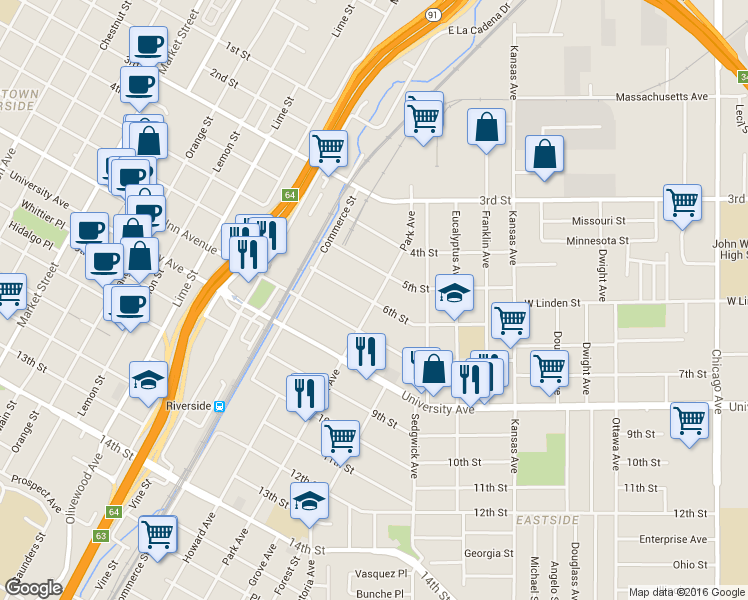 map of restaurants, bars, coffee shops, grocery stores, and more near 2881 6th Street in Riverside