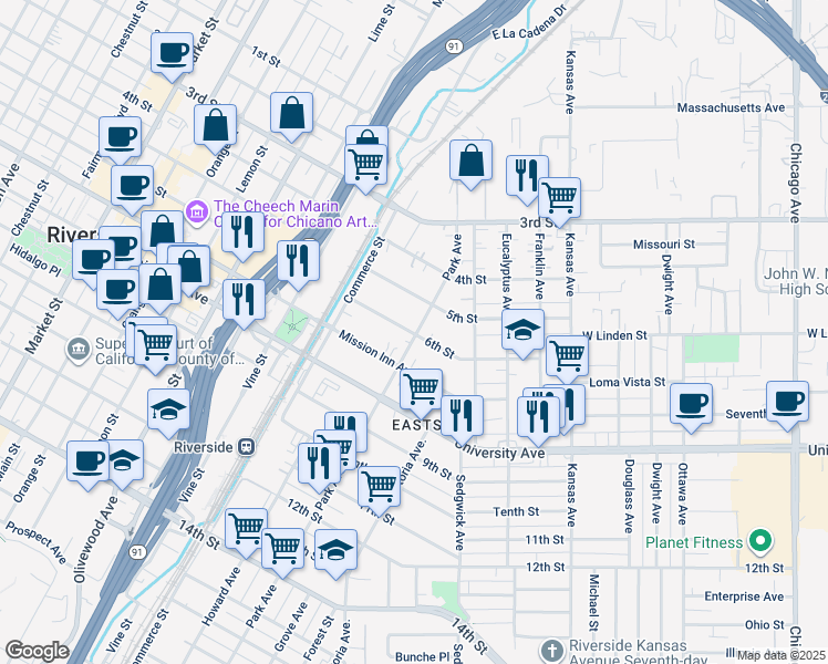 map of restaurants, bars, coffee shops, grocery stores, and more near 2881 6th Street in Riverside