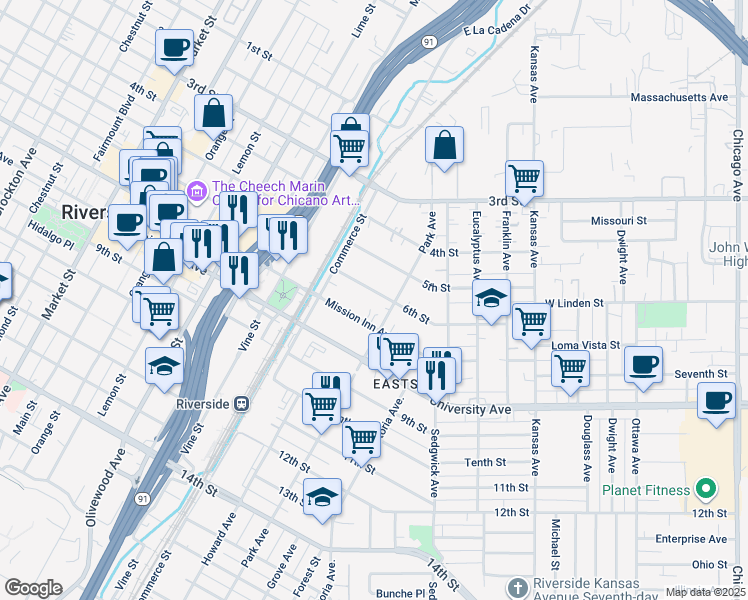 map of restaurants, bars, coffee shops, grocery stores, and more near 2980 6th Street in Riverside
