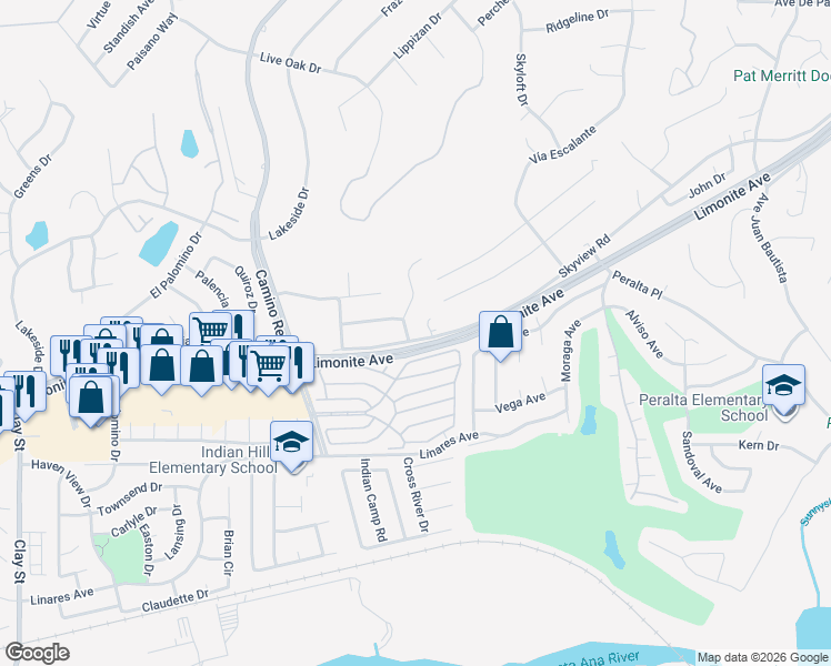 map of restaurants, bars, coffee shops, grocery stores, and more near 6026 Winncliff Drive in Riverside