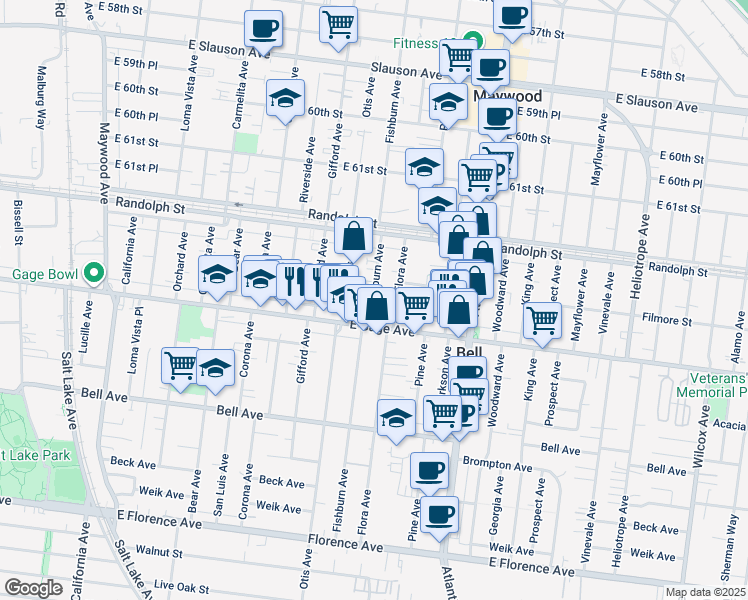 map of restaurants, bars, coffee shops, grocery stores, and more near 6316 Fishburn Avenue in Bell Gardens