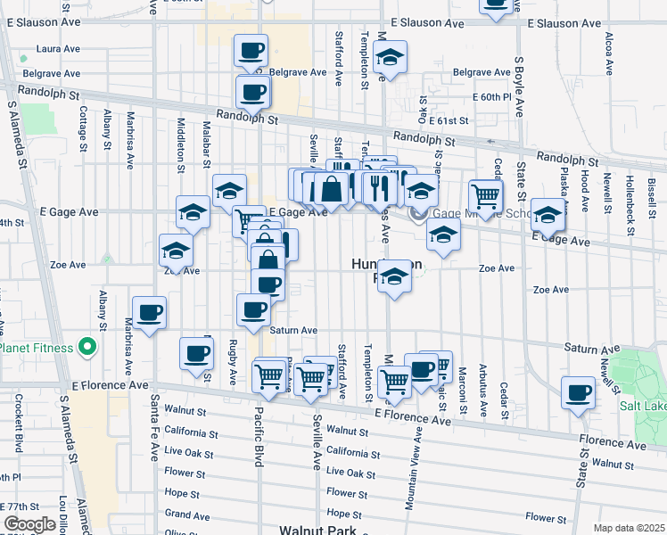 map of restaurants, bars, coffee shops, grocery stores, and more near 6532 Stafford Avenue in Huntington Park
