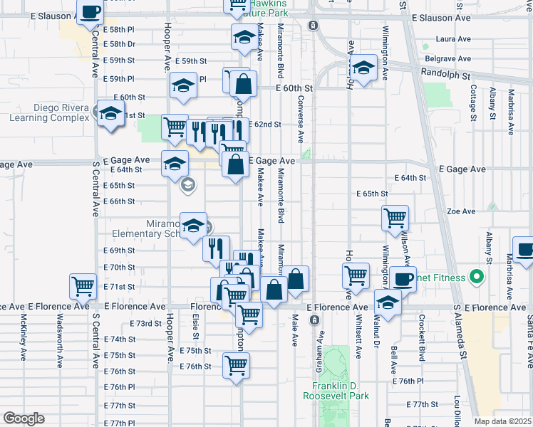 map of restaurants, bars, coffee shops, grocery stores, and more near 6614 Makee Avenue in Los Angeles