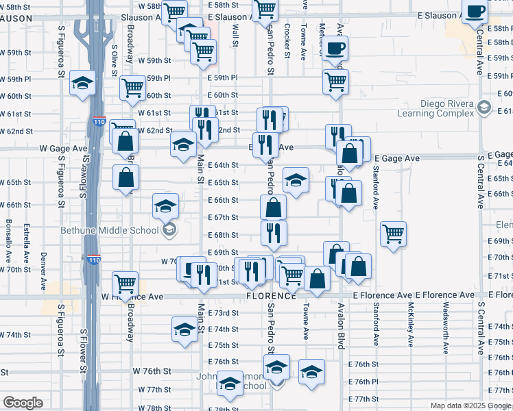 map of restaurants, bars, coffee shops, grocery stores, and more near 232 East 66th Street in Los Angeles
