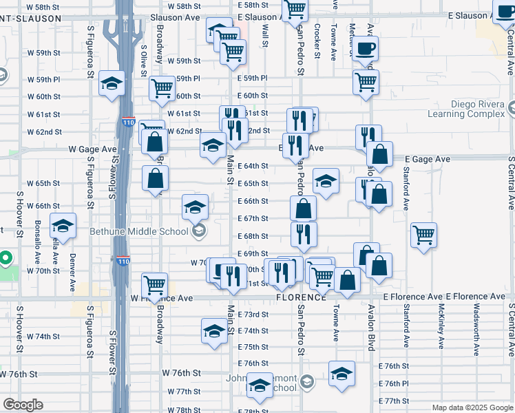map of restaurants, bars, coffee shops, grocery stores, and more near 154 East 66th Street in Los Angeles