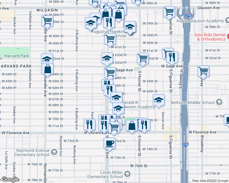 map of restaurants, bars, coffee shops, grocery stores, and more near 919 West 66th Street in Los Angeles
