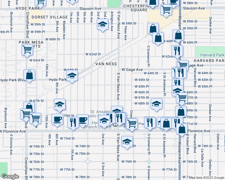 map of restaurants, bars, coffee shops, grocery stores, and more near 6568 Arlington Avenue in Los Angeles
