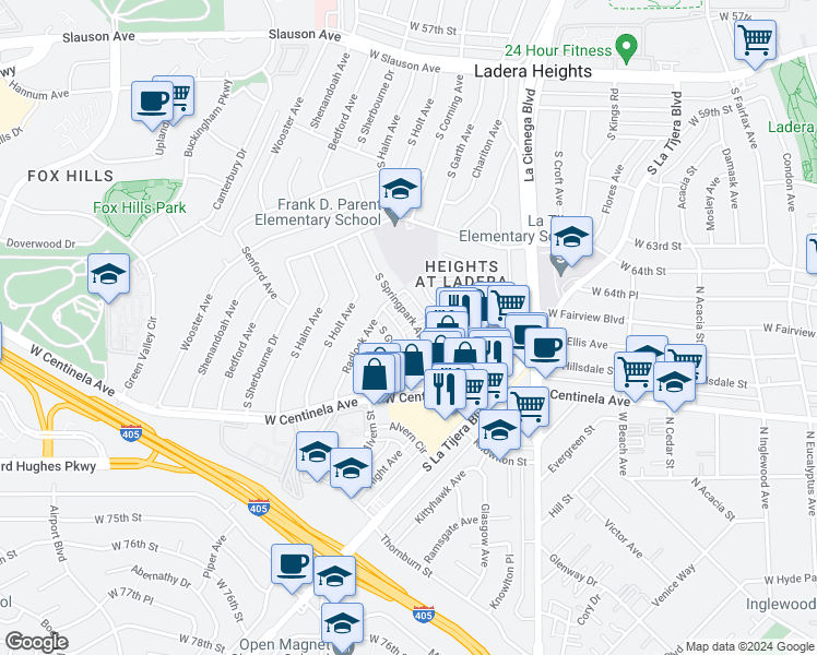 map of restaurants, bars, coffee shops, grocery stores, and more near 6625 South Springpark Avenue in Los Angeles