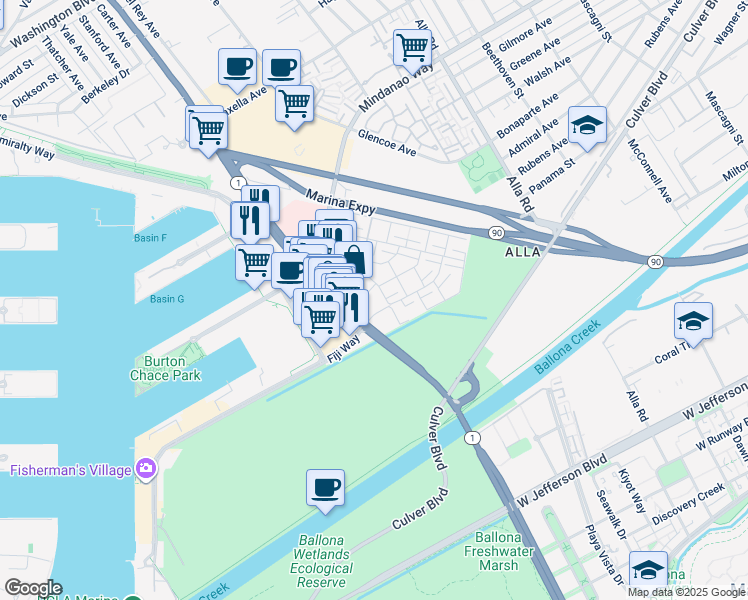 map of restaurants, bars, coffee shops, grocery stores, and more near 13249 Fiji Way in Marina del Rey