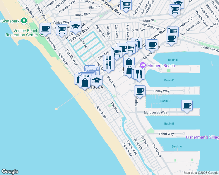 map of restaurants, bars, coffee shops, grocery stores, and more near 3405 Via Dolce in Marina del Rey
