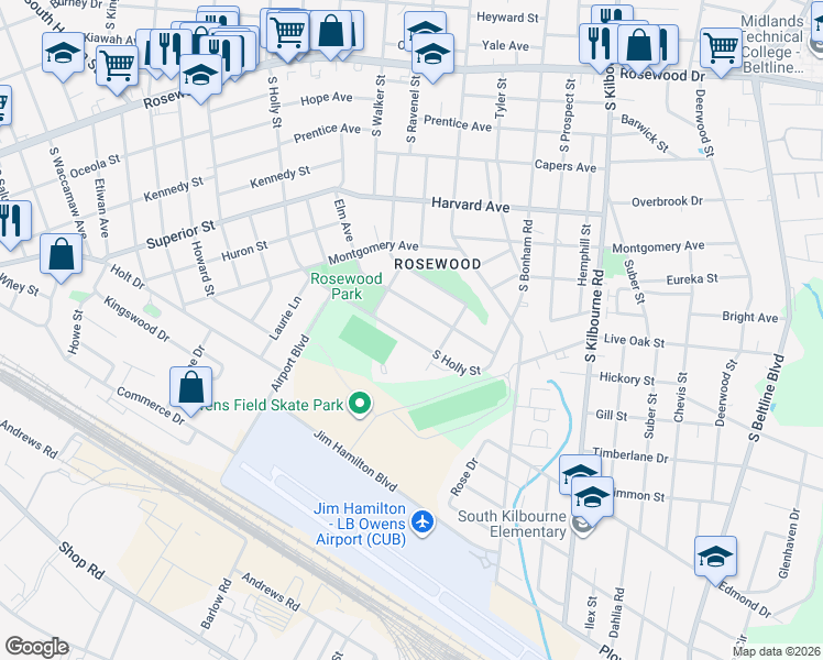 map of restaurants, bars, coffee shops, grocery stores, and more near 1021 South Holly Street in Columbia