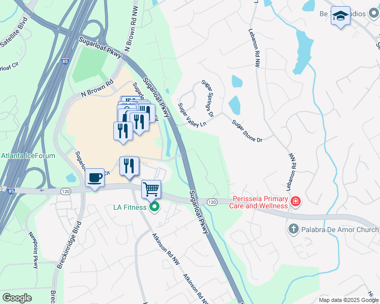 map of restaurants, bars, coffee shops, grocery stores, and more near 5710 Sugarloaf Pkwy in Duluth