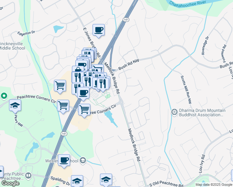 map of restaurants, bars, coffee shops, grocery stores, and more near 5098 Jones Town Lane in Peachtree Corners