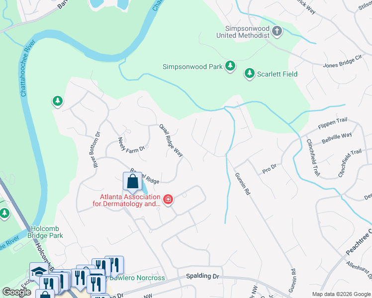 map of restaurants, bars, coffee shops, grocery stores, and more near 4261 Quail Ridge Way in Norcross