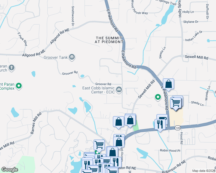 map of restaurants, bars, coffee shops, grocery stores, and more near 2150 Groover Road in Marietta