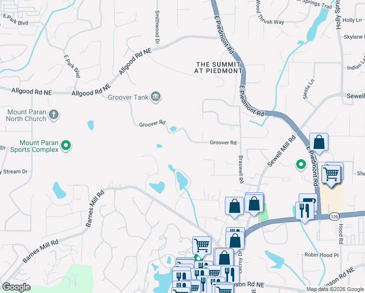 map of restaurants, bars, coffee shops, grocery stores, and more near 2101 Groover Road in Marietta