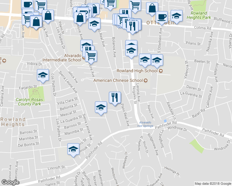 map of restaurants, bars, coffee shops, grocery stores, and more near 2147 Paso Real Avenue in Rowland Heights