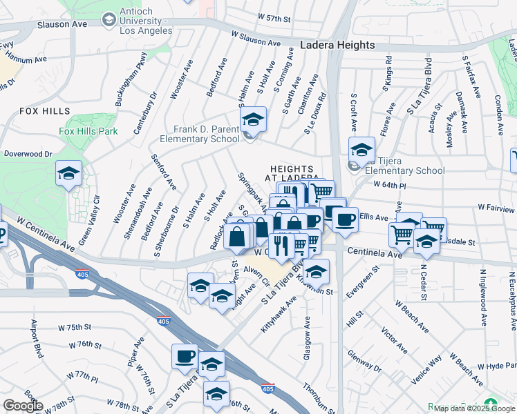 map of restaurants, bars, coffee shops, grocery stores, and more near 6637 Springpark Avenue in Los Angeles
