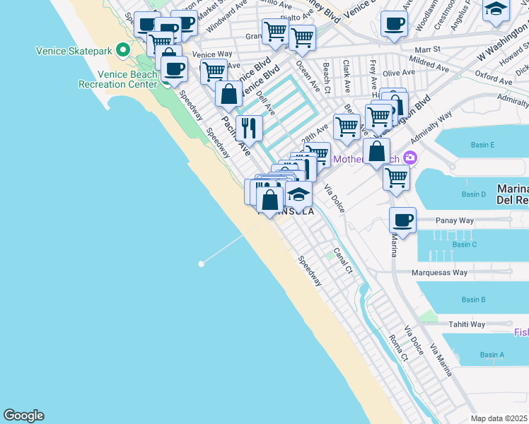 map of restaurants, bars, coffee shops, grocery stores, and more near 3011 Ocean Front Walk in Los Angeles