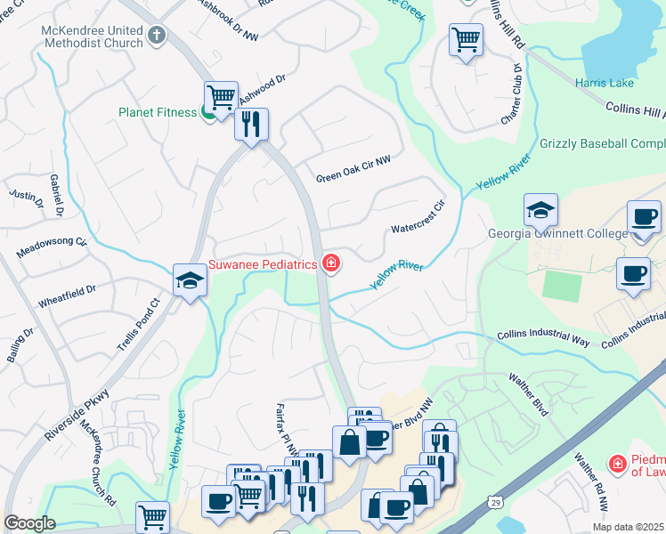 map of restaurants, bars, coffee shops, grocery stores, and more near 1165 Lawrenceville-Suwanee Road in Lawrenceville