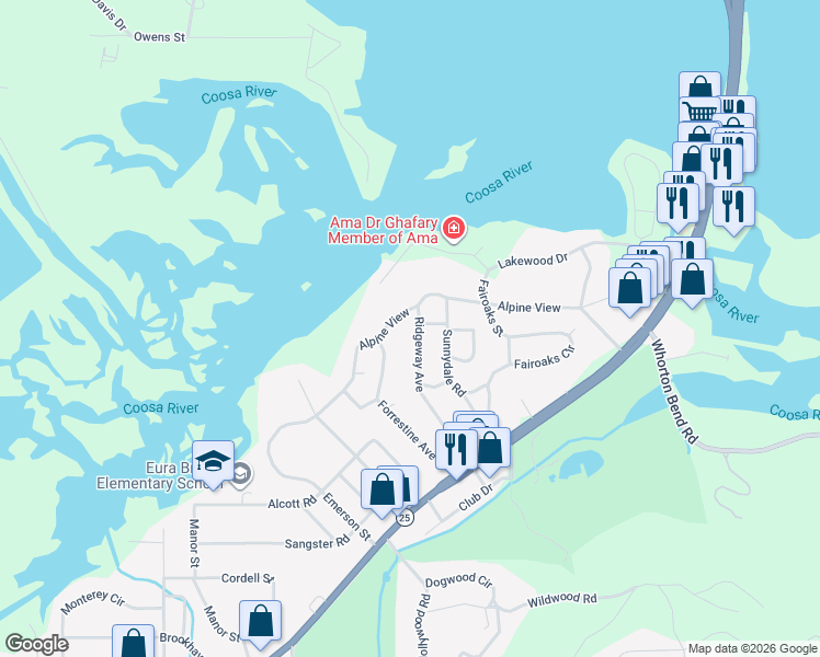 map of restaurants, bars, coffee shops, grocery stores, and more near 221 Alpine View in Gadsden