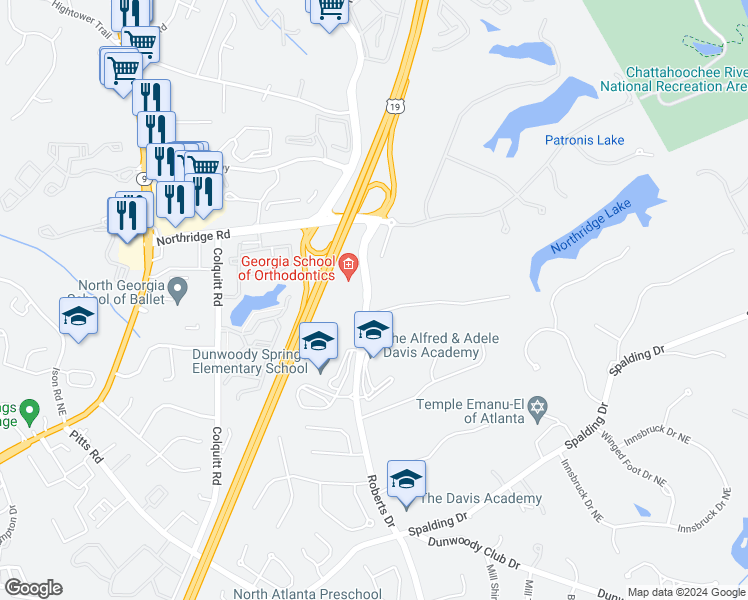 map of restaurants, bars, coffee shops, grocery stores, and more near 1500 Sunnybrook Farm Road in Atlanta