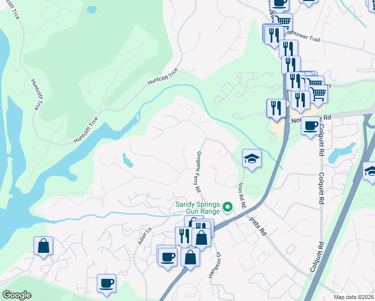 map of restaurants, bars, coffee shops, grocery stores, and more near 8215 Sullivan Hill Road in Atlanta