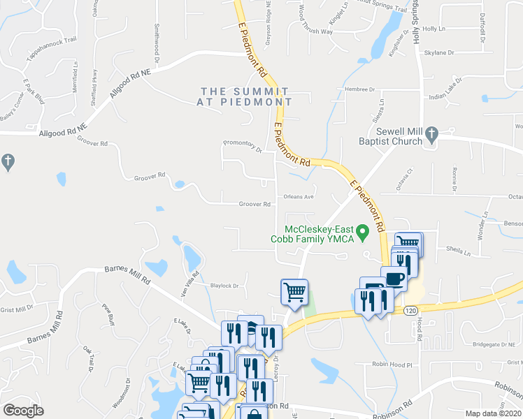 map of restaurants, bars, coffee shops, grocery stores, and more near 2190 Groover Road in Marietta