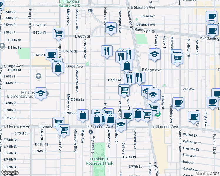 map of restaurants, bars, coffee shops, grocery stores, and more near 1822 East 66th Street in Los Angeles