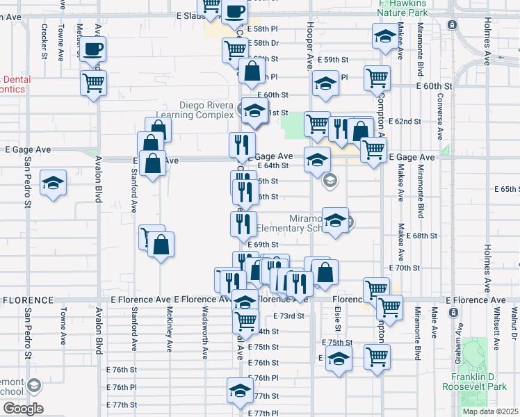 map of restaurants, bars, coffee shops, grocery stores, and more near 1135 East 67th Street in Los Angeles