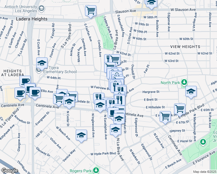 map of restaurants, bars, coffee shops, grocery stores, and more near 121 West Fairview Boulevard in Inglewood
