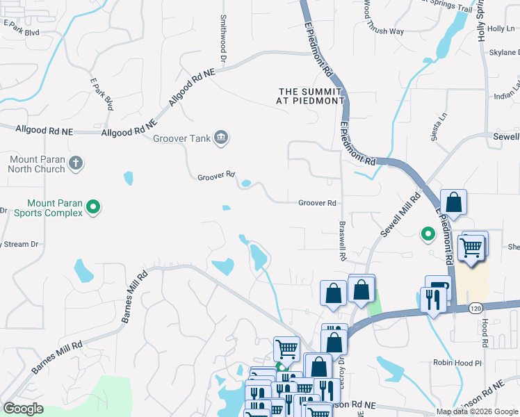 map of restaurants, bars, coffee shops, grocery stores, and more near 2101 Groover Road in Marietta